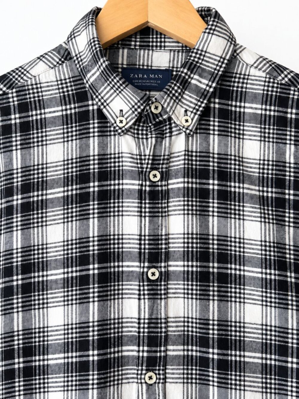 Zara Man M Black White Plaid Flannel Shirt Slim Fit Button Down Long Sleeve